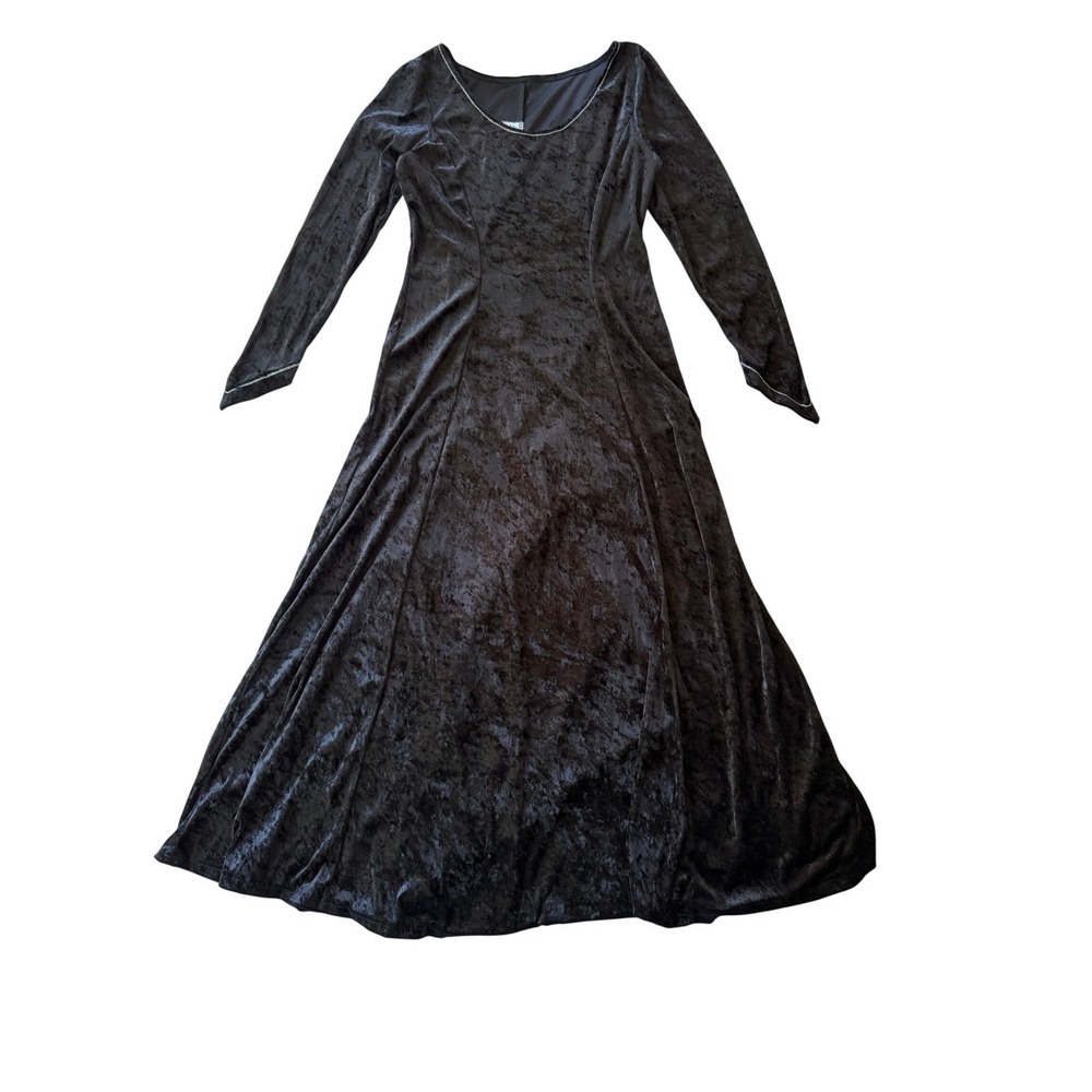 Sunara Velvet Maxi Dress Womens Black Excellent Goth Medieval Long Sleeve Trim
